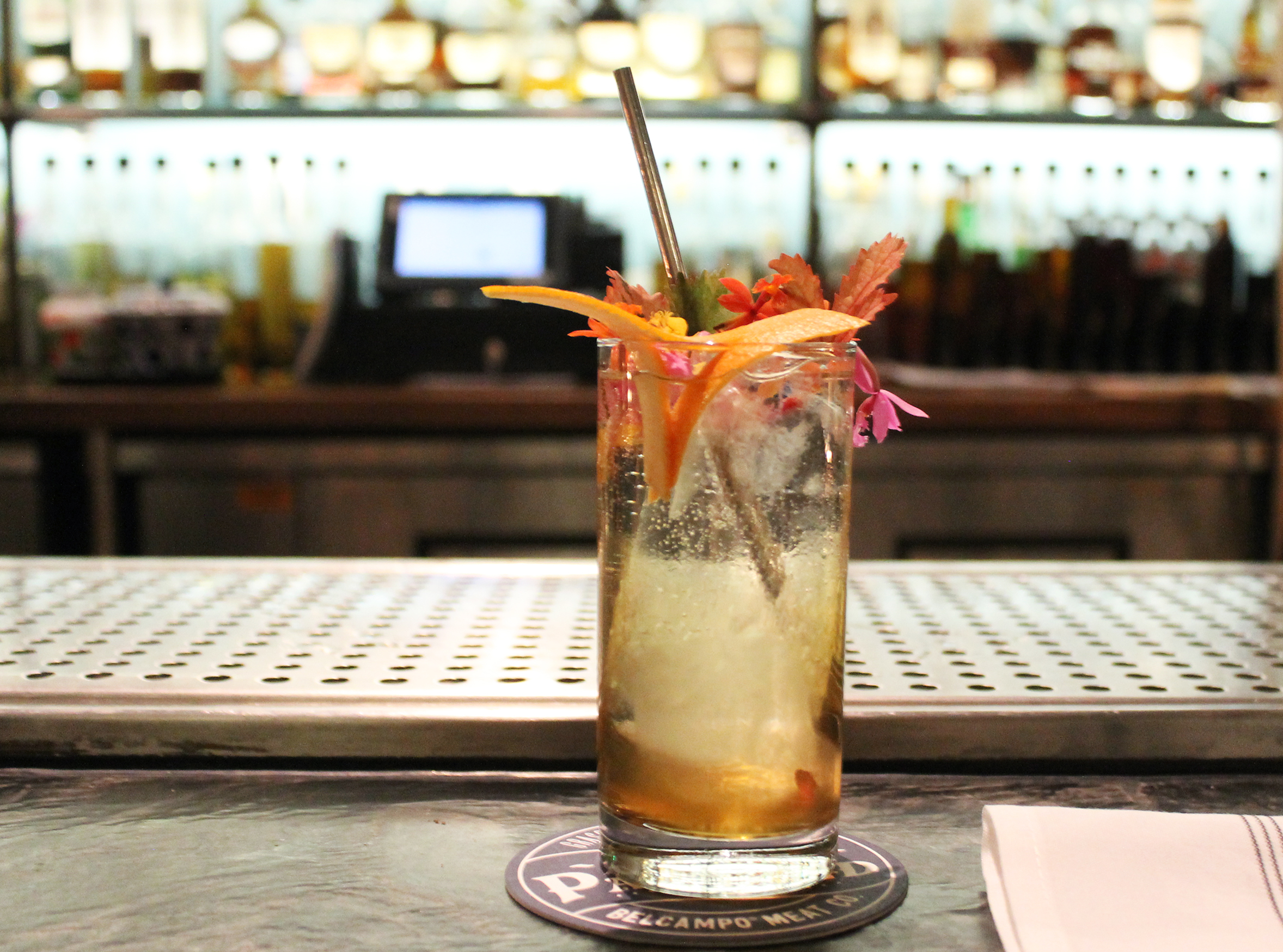 BELCAMPO SPRITZ : Amber vermouth, St~Germain, amontillado sherry, sparkling wine, soda water