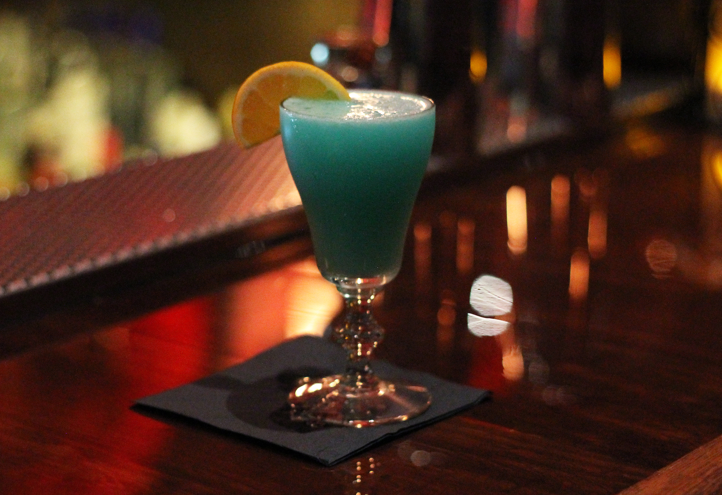 The Ferrari: New Amsterdam vodka, lime juice, ginger syrup, Giffard Orgeat, and DuBuchet Blue Curaçao