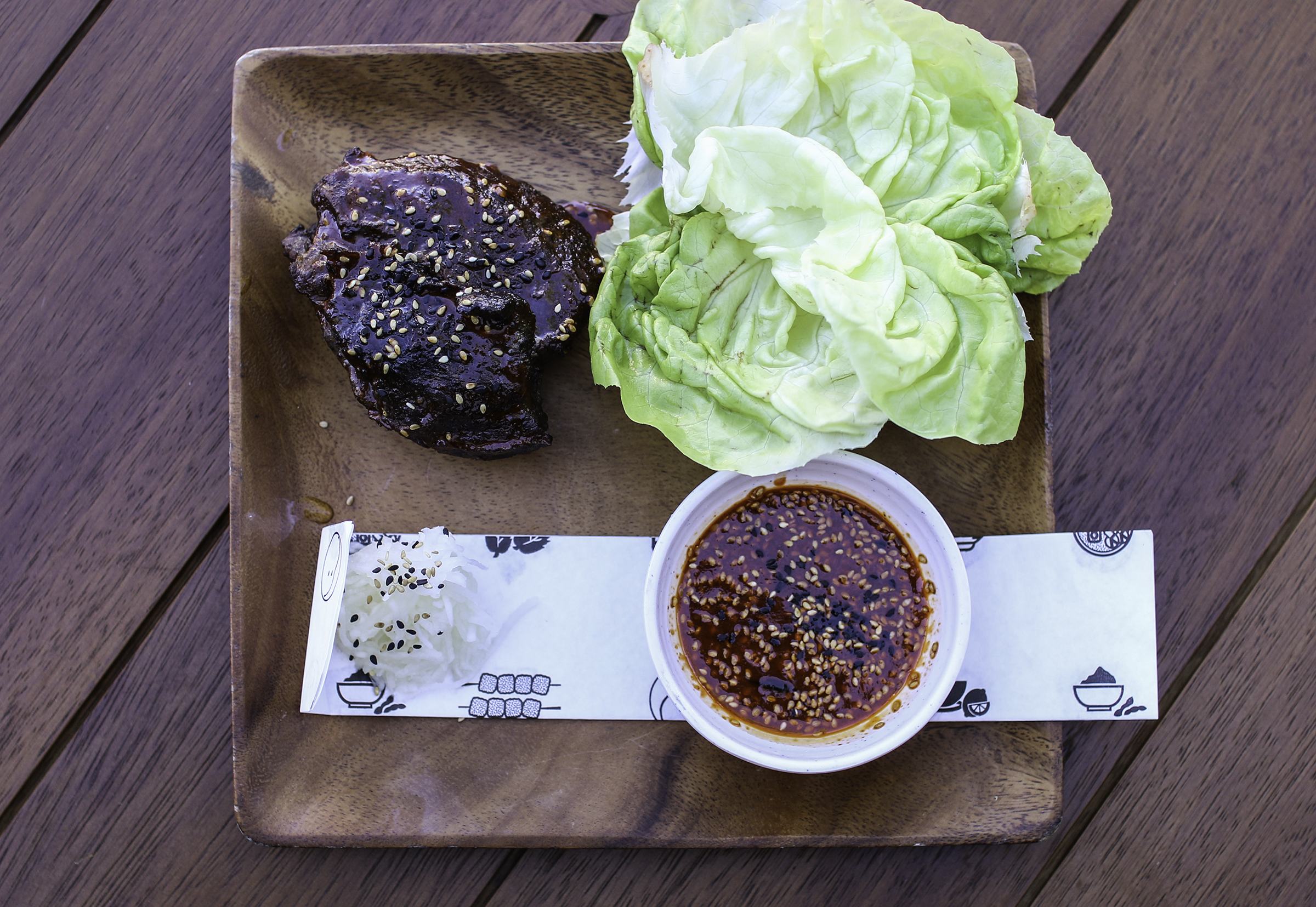  Beef cheek &amp; butter lettuce wraps, Korean miso &amp; pickled daikon 