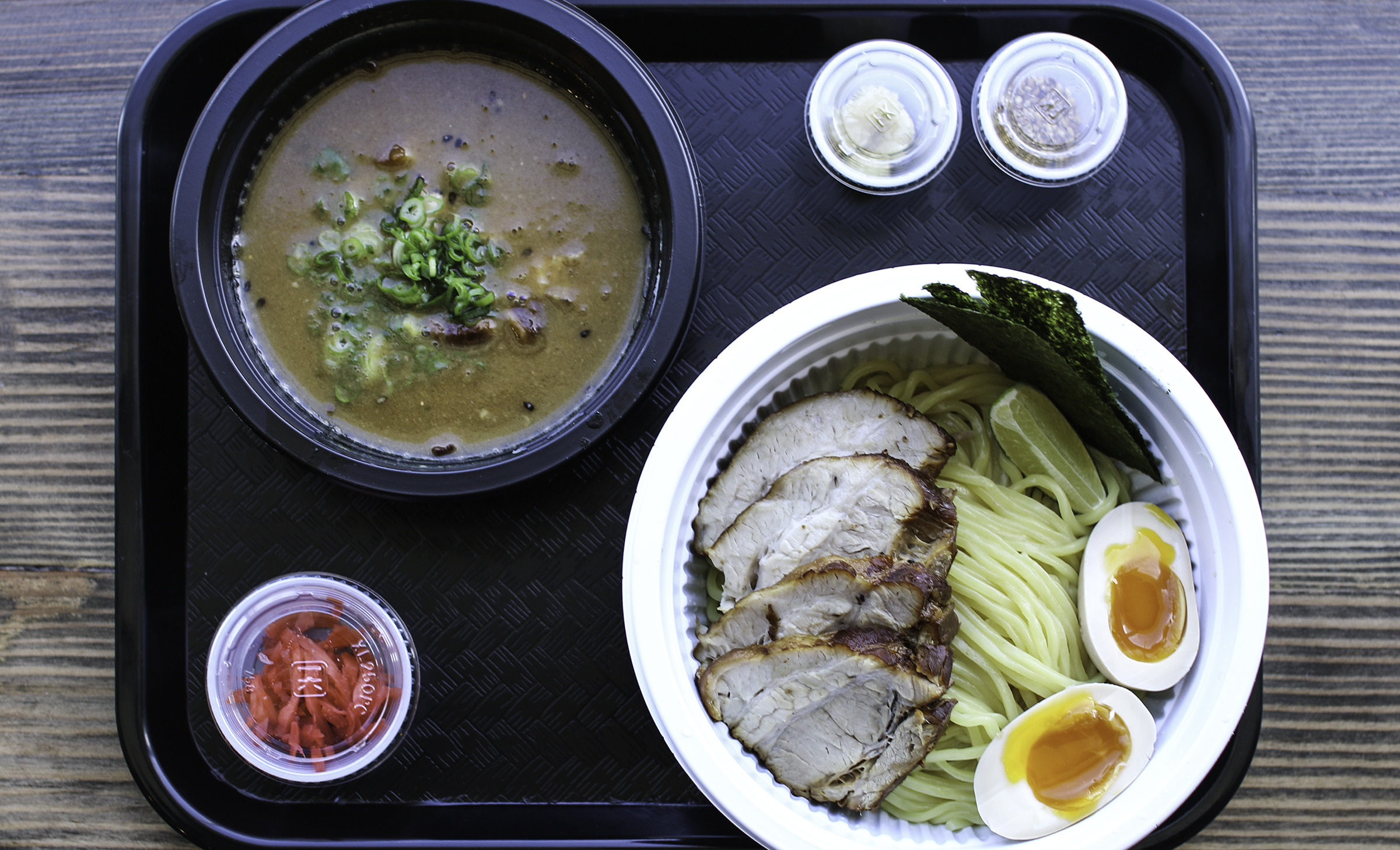   CHARSIU TSUKEMEN : FISH, PORK &amp; CHICKEN BROTH,  tender pork belly (charsiu), bambooshoots, green onions, egg, lime &amp; seaweed 