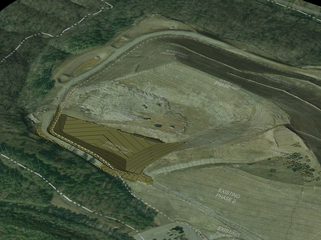 Rendering of a design for a new cell construction with existing conditions overlay - municipal solid waste facility, Georgia.