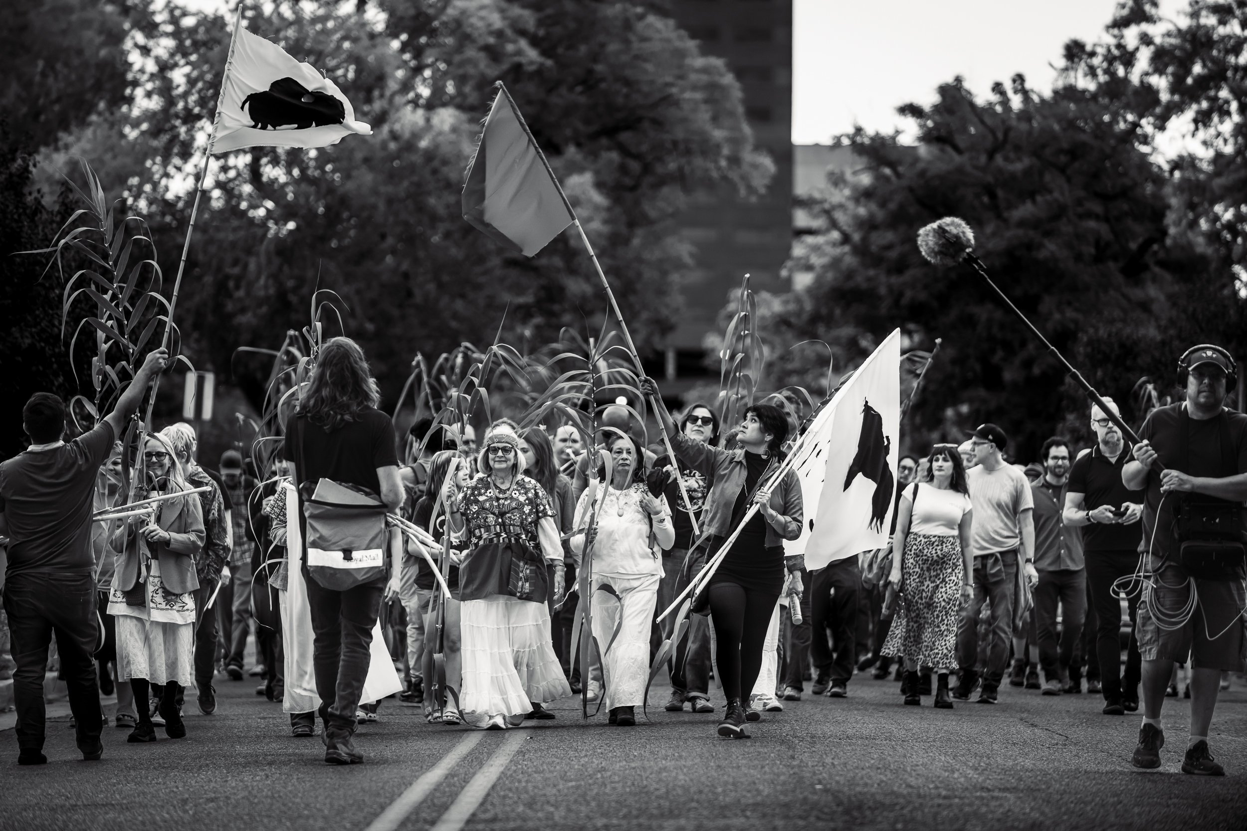Black and white photo of a group of people marching in a protest or demonstration, holding flags and banners, walking down a city street with trees in the background.