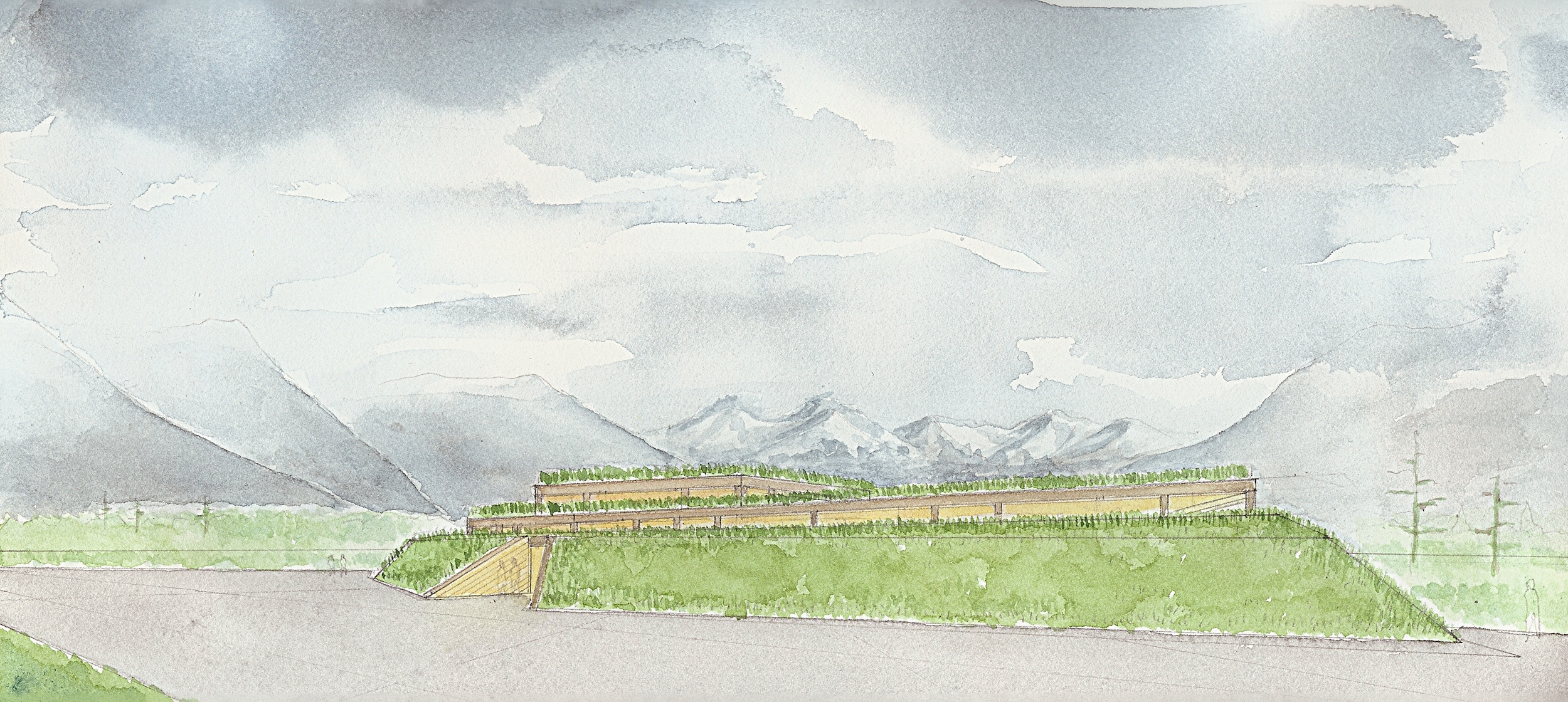  Watercolor showing the Three Mile Glacier in the distance -&nbsp;the structure is heavy timber, and the roof is planted with local tundra and wildflowers 