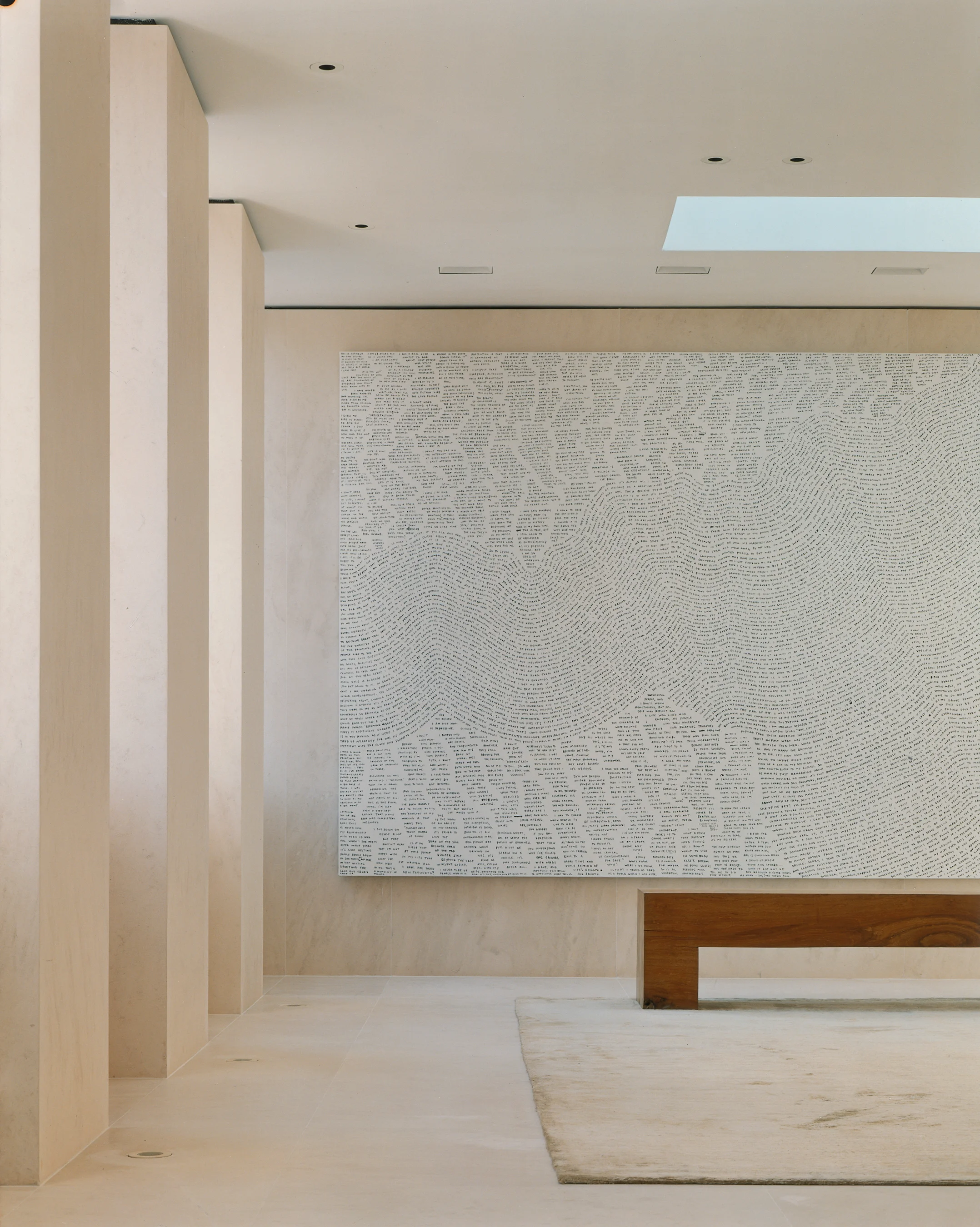 Sean Landers word painting, skylight, 9-foot solid teak bench, Dolma carpet