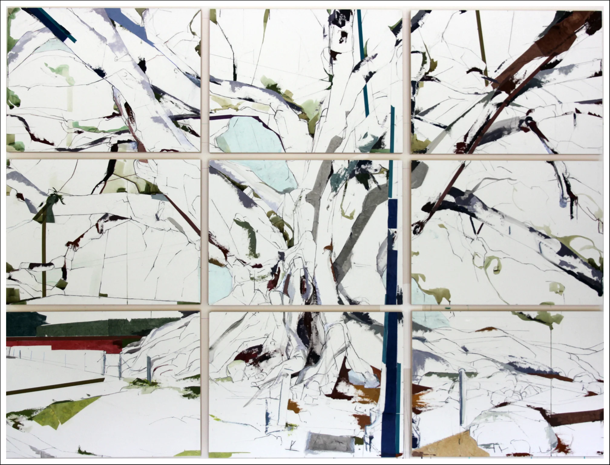 34° 24' 49.45" N 119° 41' 38.15" W Moreton Bay Fig SB II , 2013, Mixed-media on paper (66 inches x 90 inches) - each panel 22 inches x 30 inches) 
