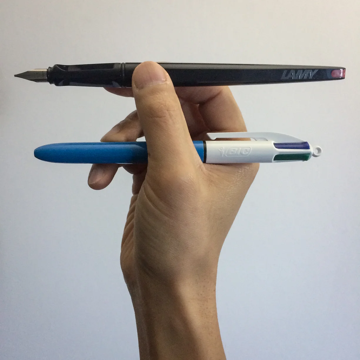 Limited edition Lamy fountain pen or Bic 4 Colour ball point? The choice is obviously the superior Lamy pen! Why? It's got a red dot at the end of it!!