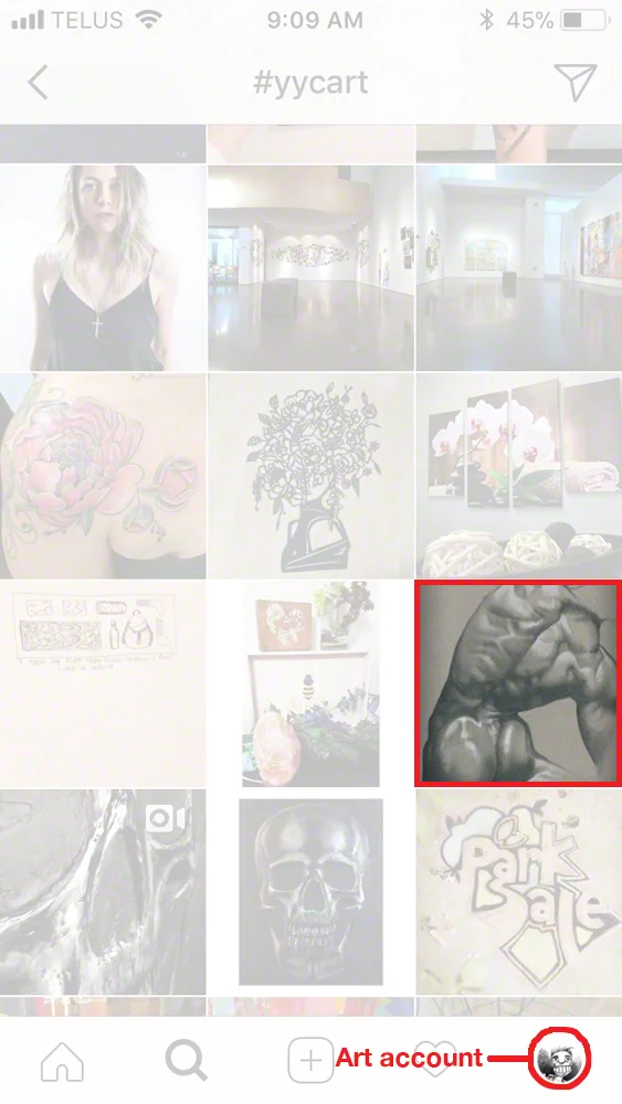 When I originally posted this drawing to the hashtag #yycart while logged into my art account, I can clearly see the post inline with the other images posted at that time.