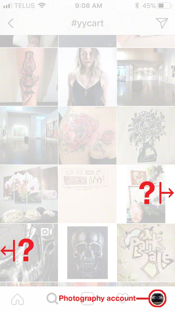 When I switch accounts and go to the #yycart hashtag under my photography account, however, the drawing post seems to have disappeared. 