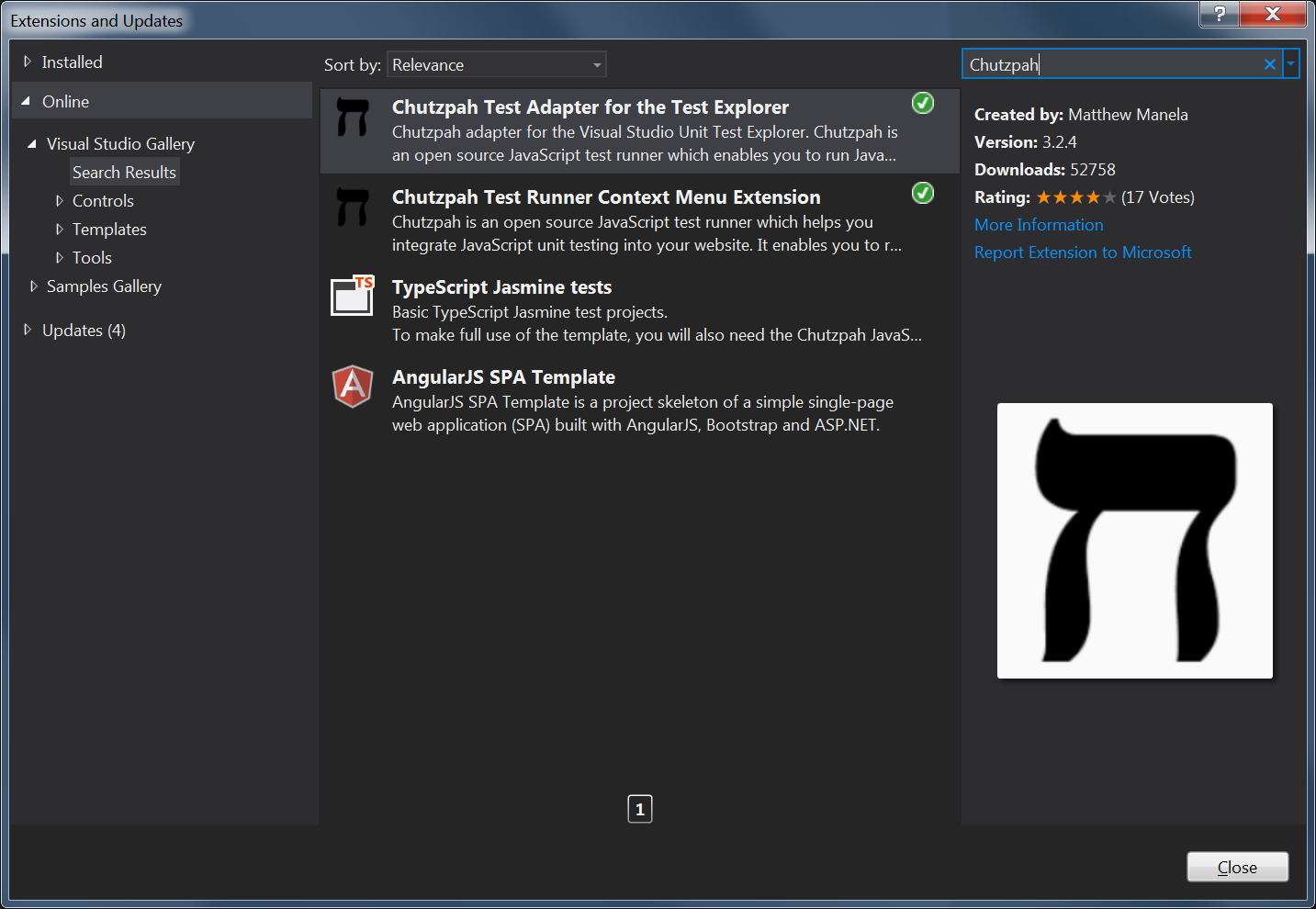 Search Online for "Chutzpah" and install both the Test Adapter and Context Menu Extensions.