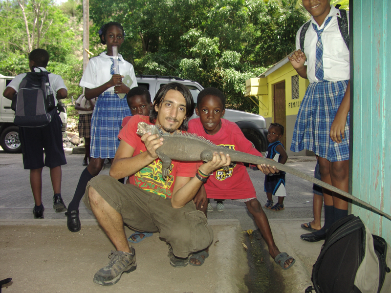 Holding an iguana delicatissima with a friend in Dominica, Western Antillies. May, 2010.