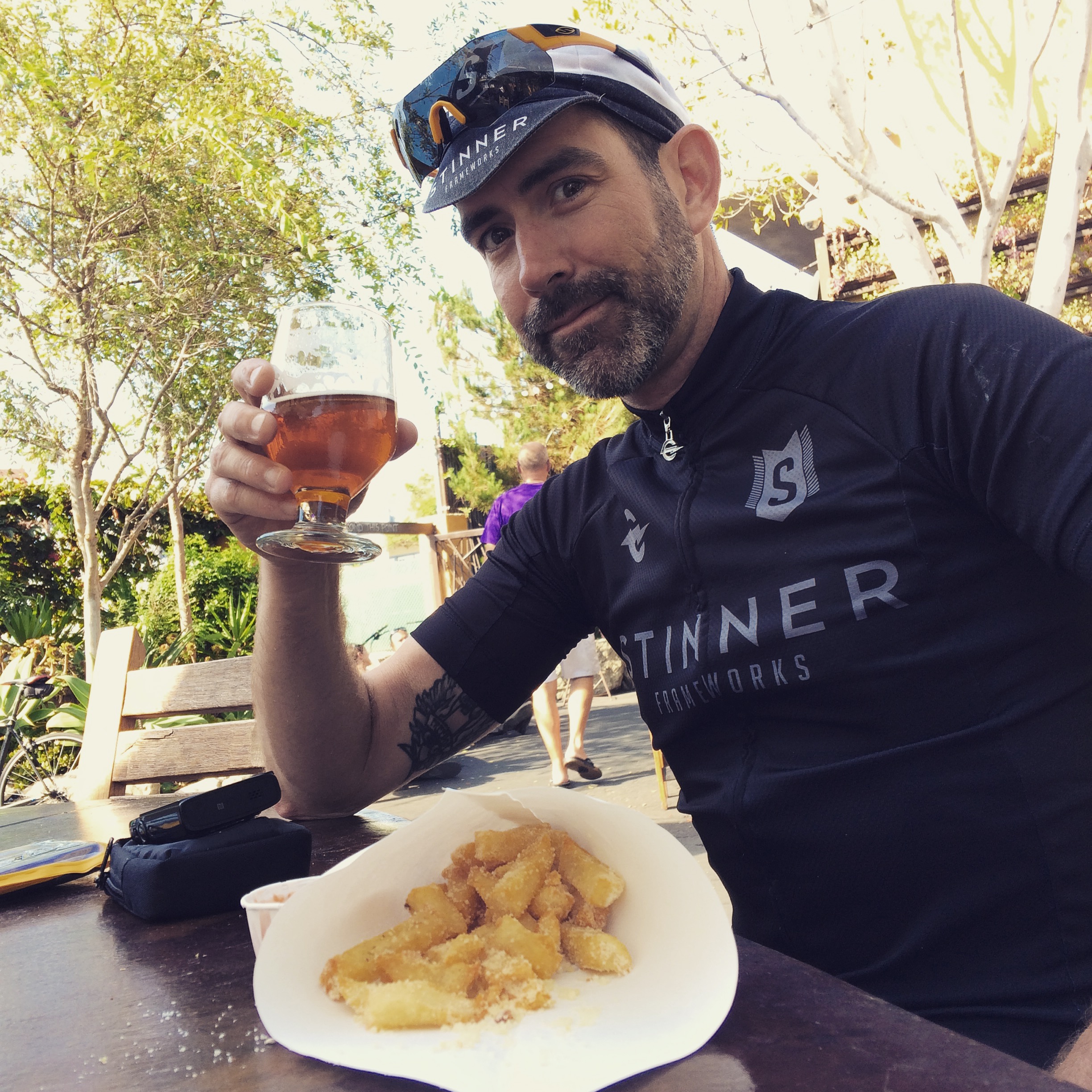 Beer and Belgian frites after sharing some miles with CJ at the Stone Brewery tasting room in Oceanside, CA. Doesn't get much better!