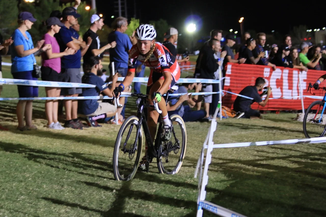 Eventual winner Sophie De Boer gaining distance through the sand pit