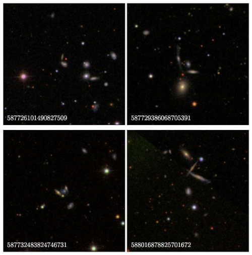Figure A2 of Scudder et al. (2012a) . Four isolated compact groups of galaxies, from the Sloan Digital Sky Survey Data Release 7. The SDSS object ID for the galaxy in the exact centre of the image is marked in the bottom left hand corner of each image.