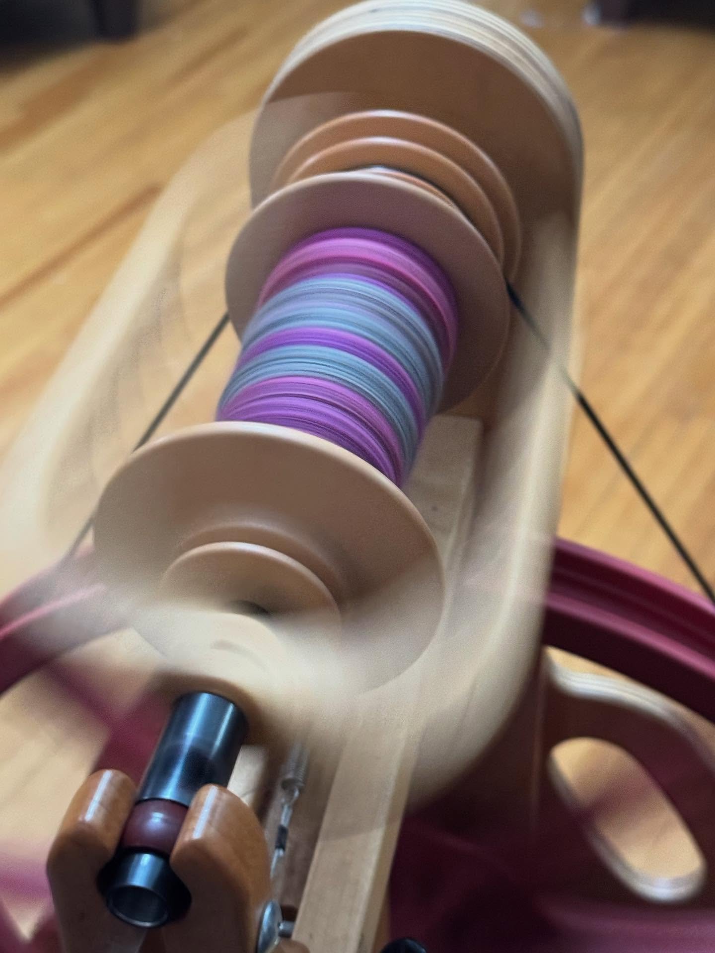 I have been making magic again :) 
I finished spinning this awesome fiber from @supernovadyeworks charmed I think. And plied it (chain plied). Also finished a South American wool I did on the drop spindle and then plied on the wheel not shown. And la