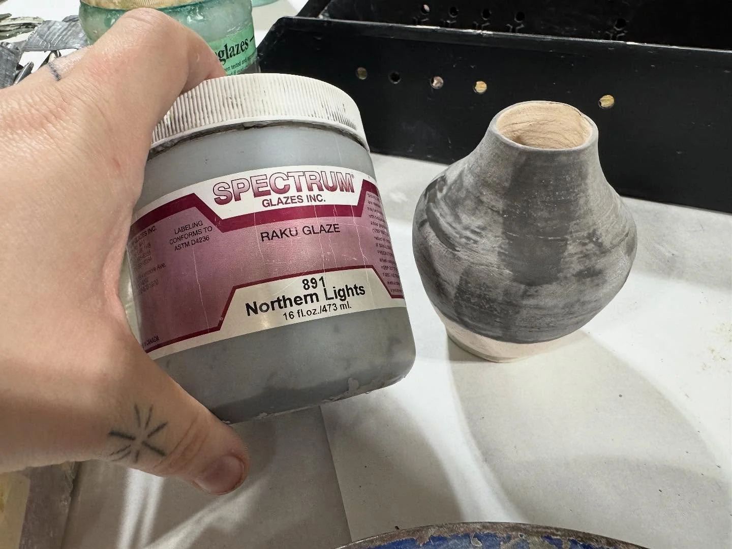 The first 3 pieces I used comercial raku glazes, the last one was mixed up by a fellow potter at the studio - it probably gave some of the most varied and interesting results, but I didn&rsquo;t get good photos of it finished. I need to clean them up