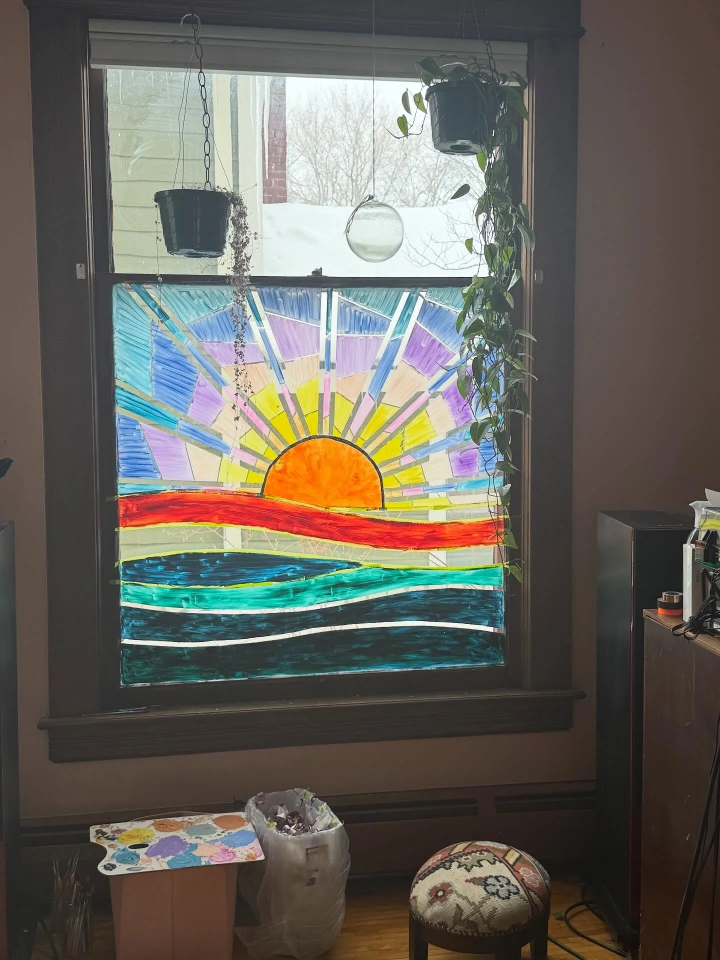 I washed the sky part and re-taped and repainted&hellip;. There are some annoying issues, but it&rsquo;s coming along.
I learned what I already knew, diluting acrylic with an acrylic medium is better than water. 

Now onto the water!