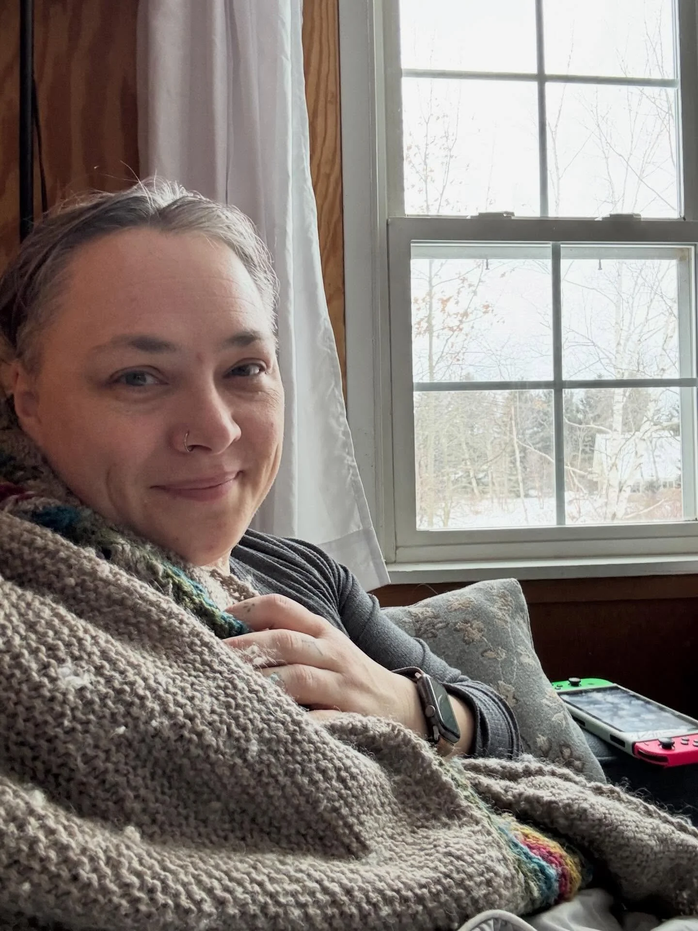 Retreat first day starting with arriving at nearly midnight, unpacking, starting the fire, sleeping not enough hours and then tending the fire and being a sleepy grumpy little bear. I got my car stuck and unstuck and drove to my favorite grocery stor