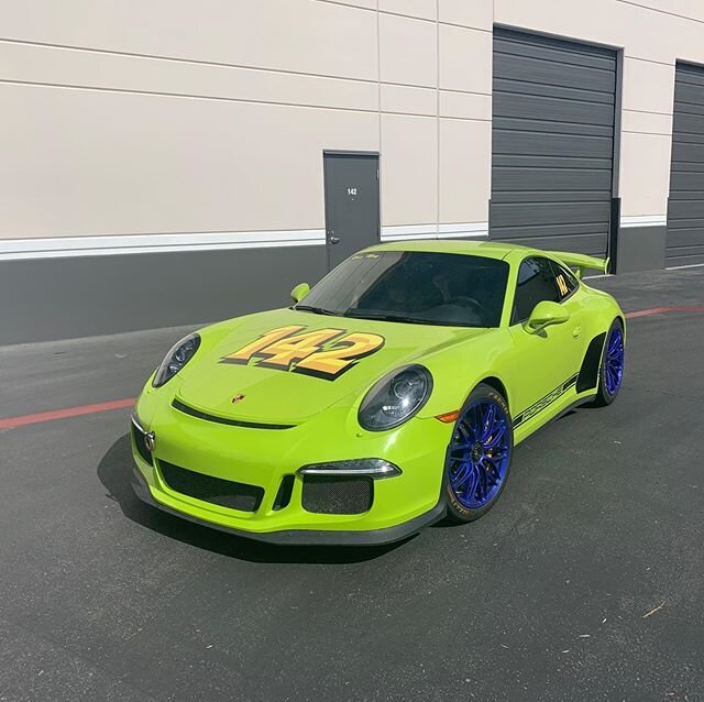 This @porsche GT3 is ready for the track with a fresh ClearBra on the hood, 142 number decals, and Black stone guards.  It&rsquo;s always fun having rides like this come by the shop #porsche #gt3 #911