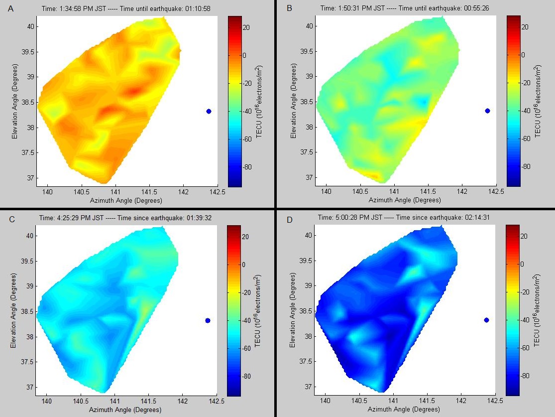 Figure 1. Images of heat maps of TEC over the 100 closest receivers to the epicenter of the earthquake on the day of the earthquake (March 11, 2011) for four different time points . These times show enhanced TEC (A), a sudden depletion (B), and the large fluctuations following (C and D) The X- and Y-axes represents the longitude and latitude, respectively.