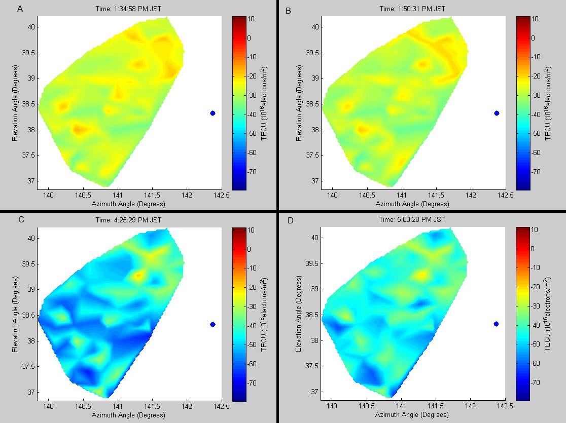 Figure 2. Images of simulations of TEC over the 100 closest receivers to the epicenter of the earthquake a month before the earthquake (February 11, 2011) for four different time points. These points are from the same times of day as the enhancement (A), depletion (B), and fluctuations (C and D). The X- and Y-axes represents the longitude and latitude, respectively.