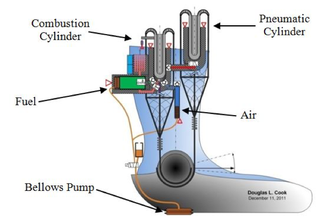 Figure 2: Walking-Engine-Actuated Active Ankle-Foot Orthosis. A conceptual schematic of a Walking Engine AAFO is presented. The AAFO is powered by an internal-combustion engine using two opposing (antagonistic), asymmetric, piston actuators to provide the required power for locomotion.