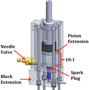 Figure 3: Walking Engine. This figure shows a CAD model of the modified Bosch pneumatic actuator used to power the AAFO. By adding a fuel line (needle valve) and ignition source (spark plug), an off-the-self pneumatic actuator was turned into a small IC engine.