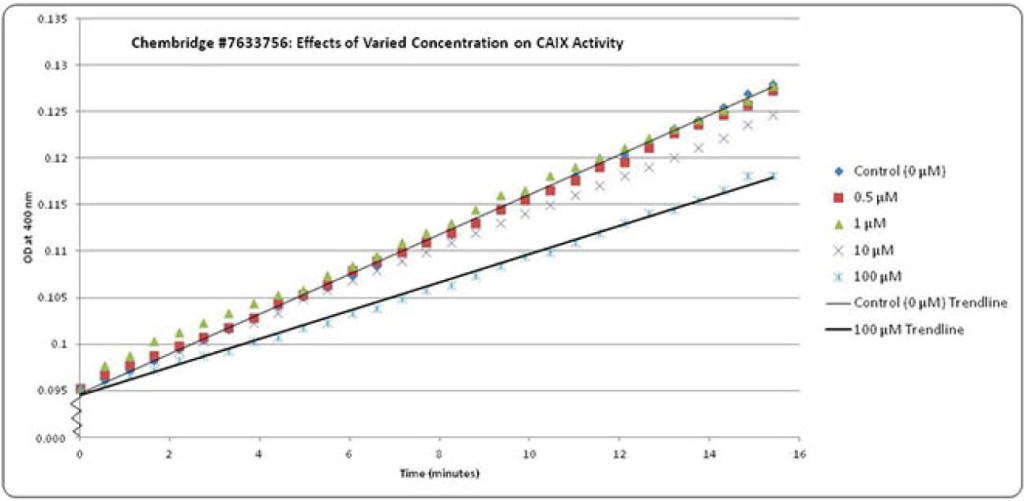 Figure 5. Different concentrations of each compound were tested against CAIX activity to hydrolyze PNPA to PNP and acetate. The concentrations tested were 0.5, 1, 10 and 100 μM. For each concentration, five trials were averaged. Optical Density at 400 nm (OD) over time (mean velocity/slope) represents the enzymatic activity. Thus, a lower slope indicates an inhibited enzyme. From 1 µM to 100 µM, the mean velocity decreased. The mean velocity of the control sample was 2.184 mOD (400 nm)/min. The mean velocities (at 100 μM compound concentration) were metoprolol - 1.789 mOD(400 nm)/min, pentamidine isethionate - 1.938 mOD(400 nm)/min, Chembridge #7653639 - 1.519 mOD(400 nm)/min, and Chembridge #7633756 - 1.565 mOD(400 nm)/min.