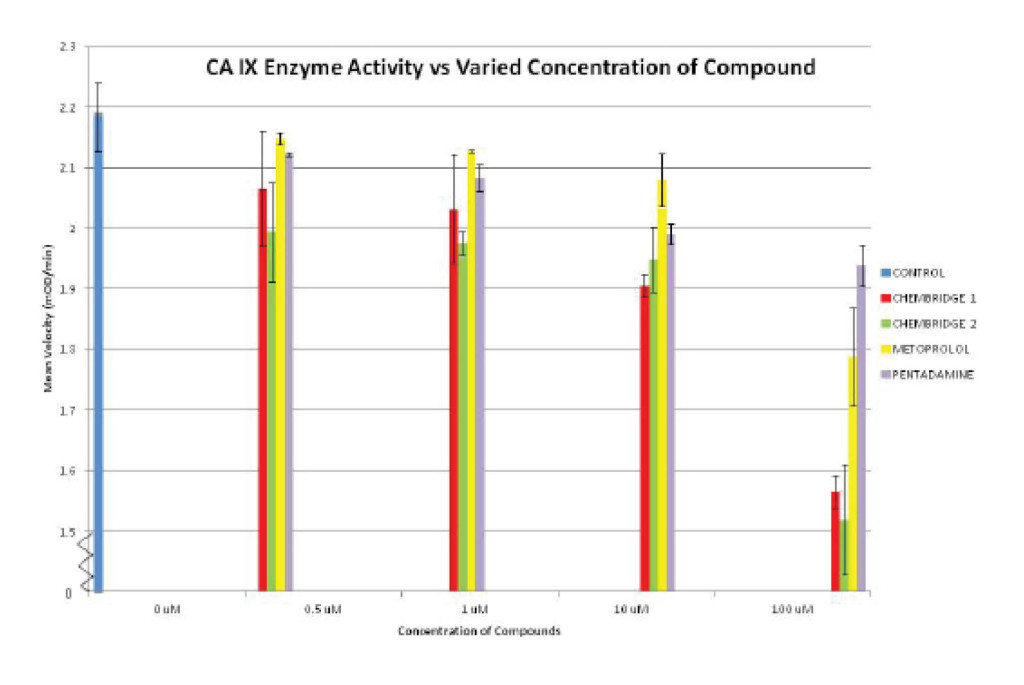 Figure 6. Bar graph representation of the enzymatic activity (mean velocity – also, the slope of each line in the Figure 8 graphs) of the CAIX enzyme under different concentrations of inhibitory compounds. The error bars indicate 1 standard deviation plus or minus of the average mean velocity
