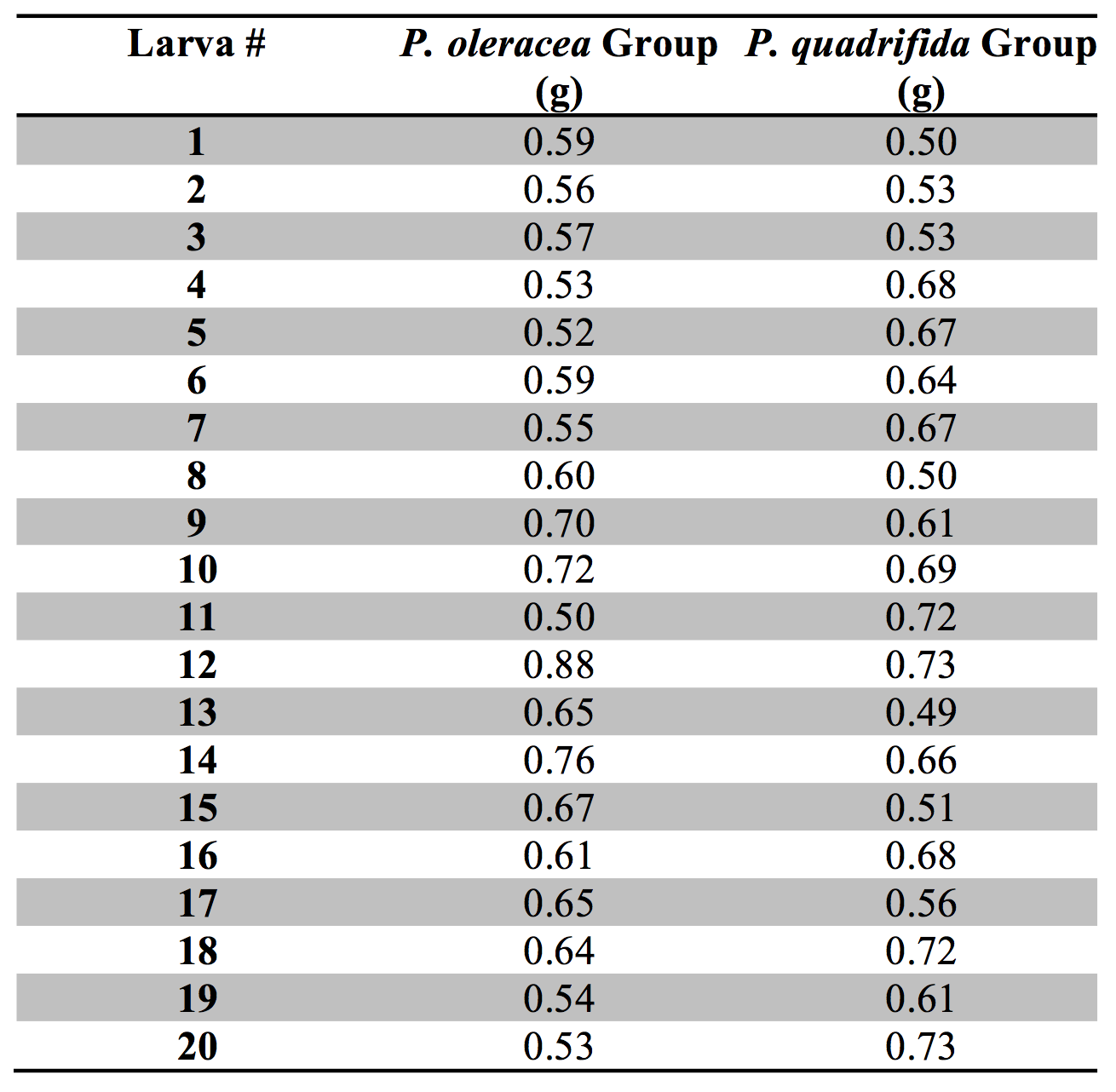 Table 2. Pupal Weight of Danaid eggfly larvae fed Portulaca oleracea versus Portulaca quadrifida. The weight of the pupae/cocoons of individuals reared on P. oleracea versus P. quadrifida. For larvae reared on P. oleracea the range was between 0.50 g and 0.88 g, while for larvae reared on P. quadrifida the range was between 0.49 g and 0.73 g.
