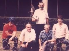 Founders of the Buckyball Back: Robert Curl (Rice University) Left to Right Front Row: Jim Heath (Graduate Student, now a full professor at Caltech), Richard Smalley (Rice University), Sir Harry Kroto (Florida State University, University of Sussex), Sean O'Brien (Graduate Student, now works at Texas Instrument) Image courtesy of Sir Harry Kroto.