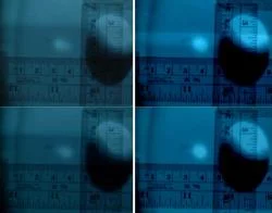 Figure 3. (left panel) Photographs of viewer ITVHG07 mounted inside the beampipe were taken to measure the initial displacement of the electron beam to be 5 mm. The photographs display the election beam at its farthest most points. (right panel) Photographs of viewer ITVHG07 were taken after power supplies were turned off to again measure the displacement of the electron beam. The photographs display the election beam at its farthest points and exhibit a 3.5 mm displacement.