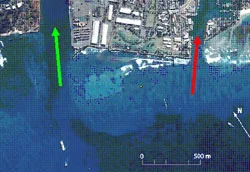 Figure 1. Aerial photo of site area offshore of Kaka'ako. Symbols: channel to Honolulu Harbor (green arrow); channel to Kewalo Harbor (red arrow).