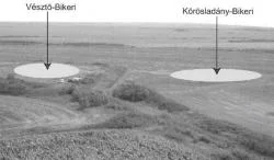 Figure 2. This aerial view depicts the close proximity of Vésztő-Bikeri (V-20) and (Körösladány-Bikeri) K-14, located in the Carpathian Basin. The light ovals represent surface distribution (Parkinson, et al. 2004).