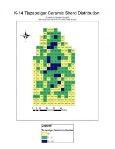 Figure 2. Figure 2 reveals the location and distribution of confirmed Copper Age ceramics on the surface of K-14. Green indicates a presence of Tiszapolgar ceramics while blue indicates a high concentration. The areas of high concentration correlate with the high concentrations of all ceramics seen in Figure 1. The location of the Copper Age ceramics suggests which areas of the multilayered site are Copper Age in origin.