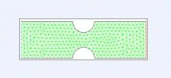 Figure 1. Two-dimensional cross section of control grid with symmetric constriction. Venturi diameter was 5 mm and constriction diameter was 1.5 mm deep and 3 mm wide (moderate). Green lines represent triangular mesh, blue line designates velocity inlet, and red line designates pressure outlet. Model was created in Gambit for subsequent simulation in Fluent.