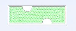 Figure 2. Two-dimensional cross section of grid with variable distance between constrictions, relative to control case. Specifically shown, a distance of 6 mm spans between two moderate constrictions (1.5 mm deep, 3 mm wide). Green lines represent triangular mesh, blue line designates velocity inlet, and red line designates pressure outlet. Model was created in Gambit for subsequent simulation in Fluent.