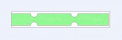 Figure 3. Two-dimensional cross section of grid with multiple constrictions and variable distances between them. The effects of both constriction severity (depth, width) and distance were assessed. Specifically shown, two constrictions with a medium spanning distance and moderate constriction (1.5 mm deep, 3 mm wide). Green lines represent triangular mesh, blue line designates velocity inlet, and red line designates pressure outlet. Model was created in Gambit for subsequent simulation in Fluent