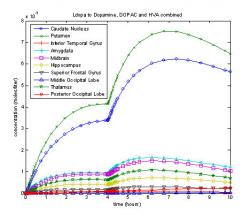 Fig. 16: Ten compartment model with diffusion and a second L-dopa dose after four hours