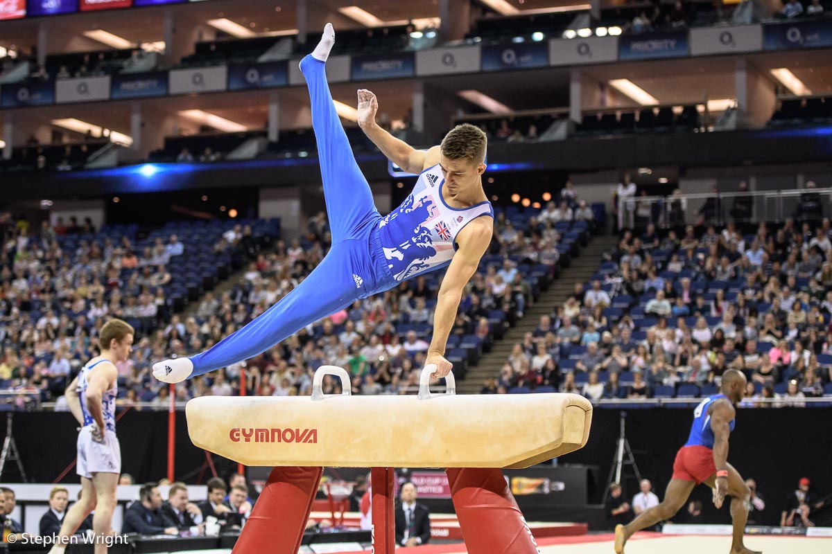 Max Whitlock giving a demonstration on the Pommel Horse during the World Cup of Gymnastics at the O2 , London .