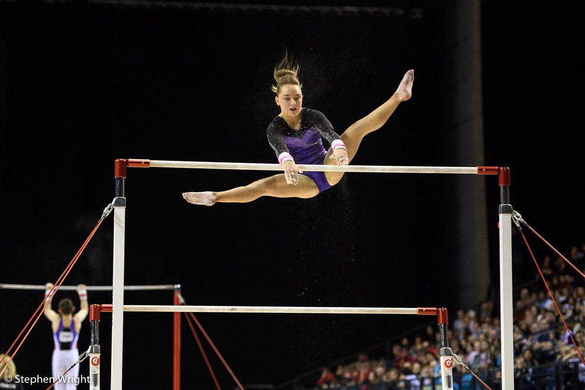 Amy Tinkler flying on the Uneven Bars at the British Championships 2017 held at the Echo Arena , Liverpool .