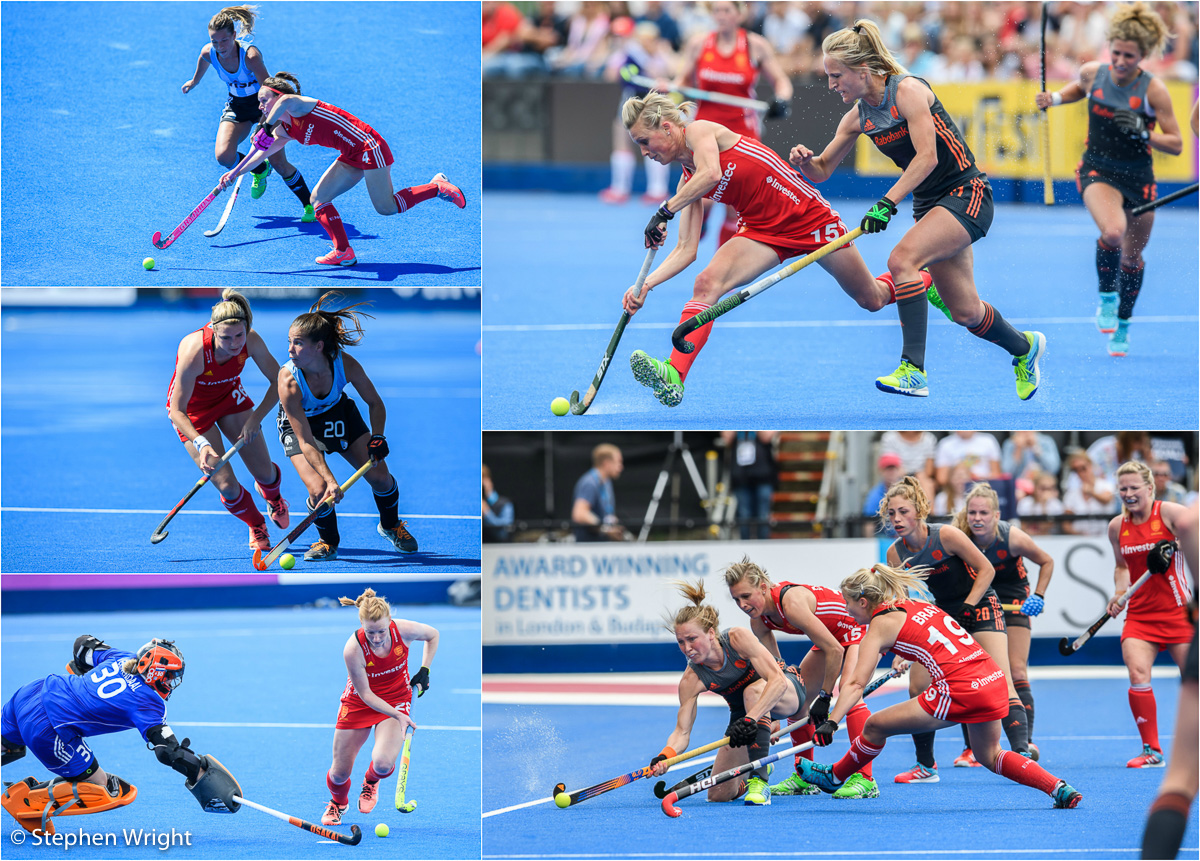 The England women's hockey team playing against both Argentina and The Netherlands as part of the Investec Internations at the Queen Elizabeth Olympic Park .