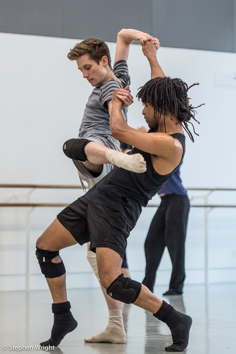 Daniel Davidson and Miguel Altunaga in rehearsal for R ambert 's new work choreographed by Andonis Foniadakis .