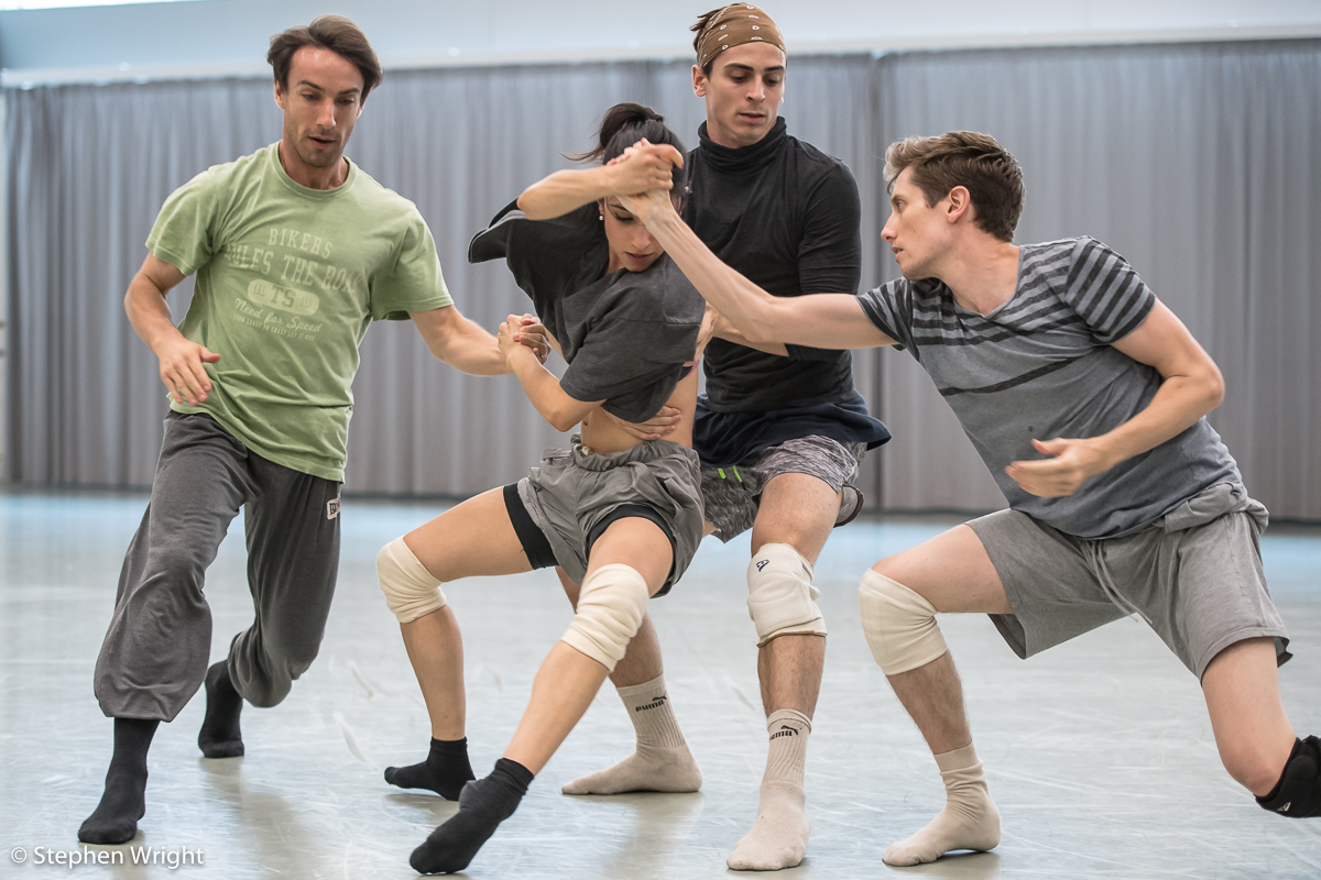 Pierre Tappon, Brenda Lee Grech, Juan Gil and Daniel Davidson in rehearsal for R ambert 's new work choreographed by Andonis Foniadakis .