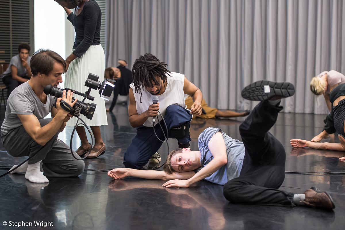 Pierre Tappon , Miguel Altunaga and Daniel Davidson in rehearsal for Rambert 's new work Goat choreographed by Ben Duke .