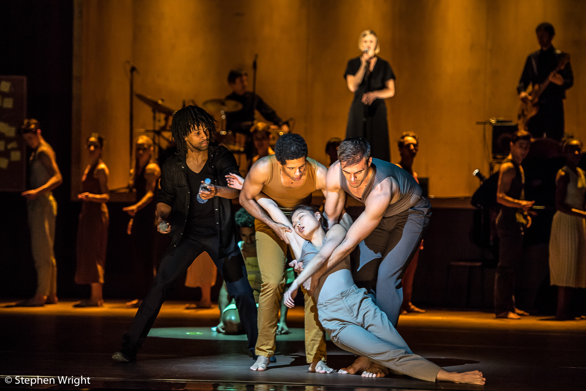 Miguel Altunaga , Stephen Quildan , Adam Park , Vanessa Kang and dancers of the Rambert company perform Goat choreographed by Ben Duke for Rambert .