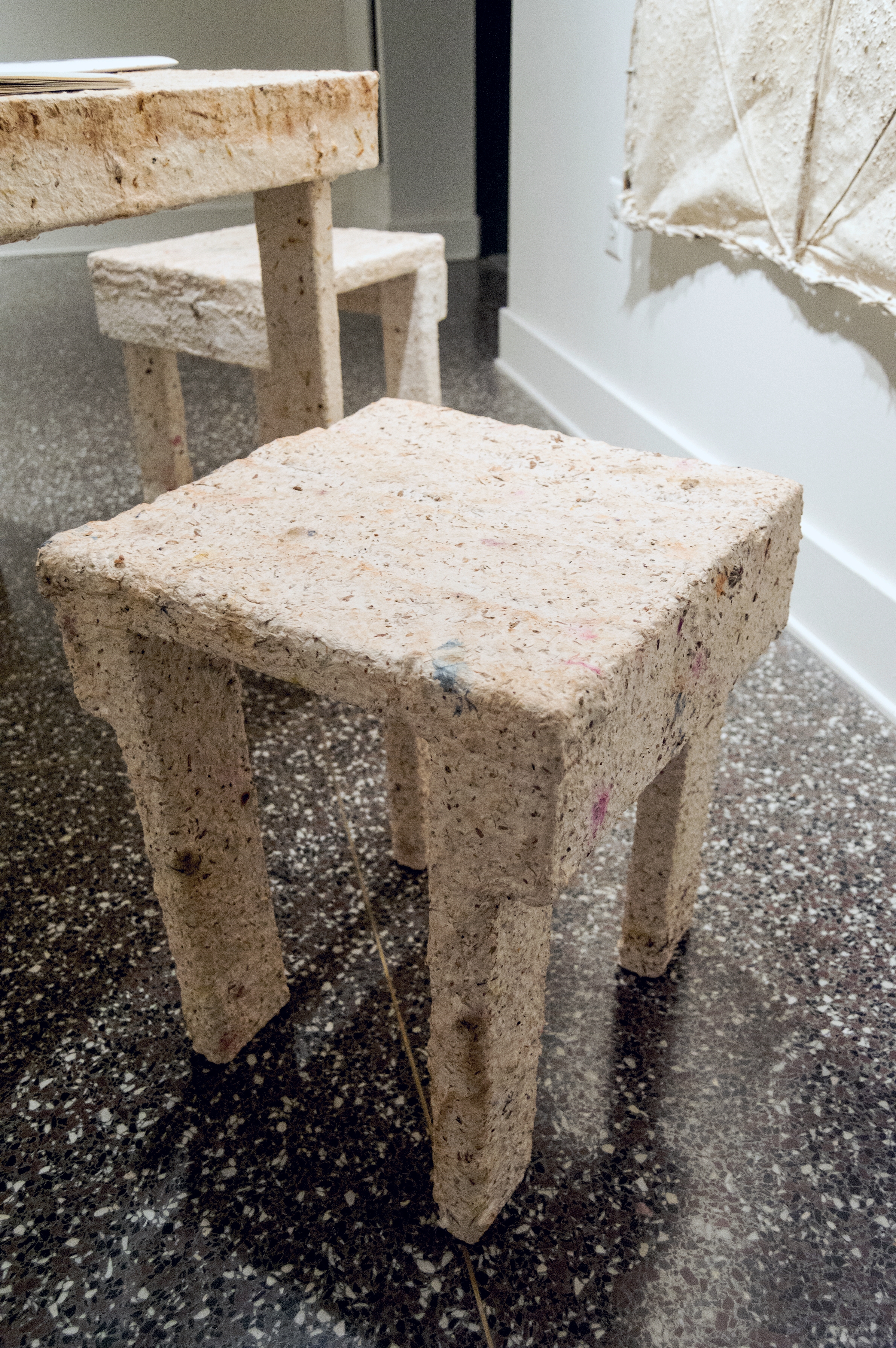 Pulp Cast Table and Stools, and Fiber Panel VI, 2015