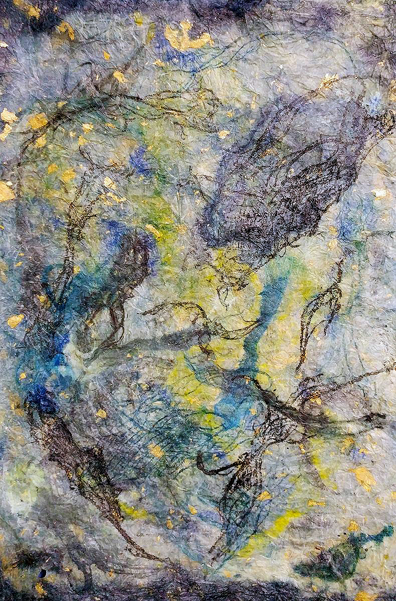  Kozo I (Back)| Nature Monotype using Kozo lace with encaustic on konnyaku treated handmade bleached kozo paper with gold leaf inclusions | 10" x 15" | 2018 