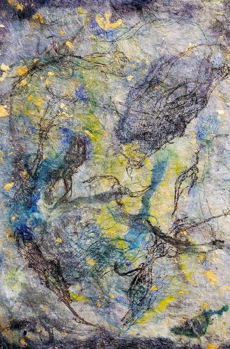 Kozo I (Back)| Nature Monotype using Kozo lace with encaustic on konnyaku treated handmade bleached kozo paper with gold leaf inclusions | 10" x 15" | 2018