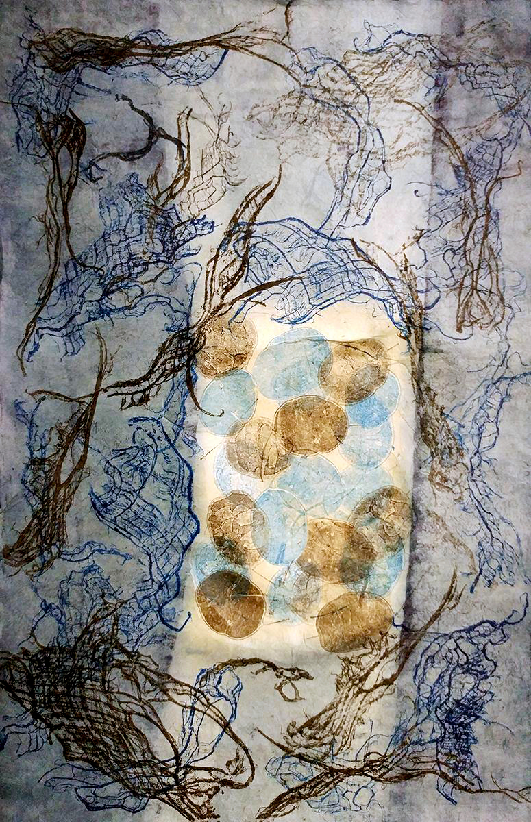  Honesty and Lace | Nature Monotype using Kozo lace and Lunaria silver disks on shibori dyed gampi paper | 11" x 17" | 2018 