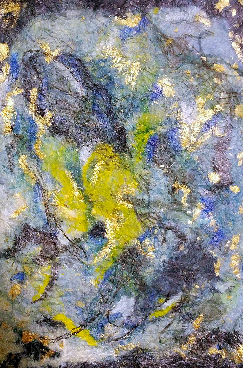 Kozo I (Front)| Nature Monotype using Kozo lace with encaustic on konnyaku treated handmade bleached kozo paper with gold leaf inclusions | 10” x 15” | 2018